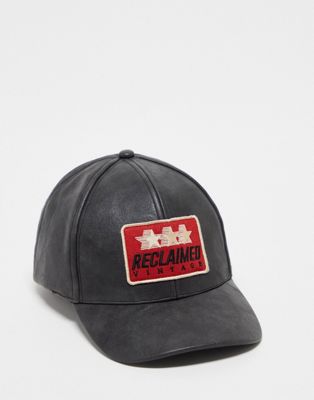 Reclaimed Vintage unisex faux leather motorcross logo cap in black