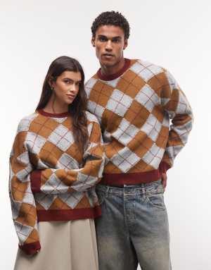 Reclaimed Vintage unisex fine gauge knitted argyle crew jumper in brown