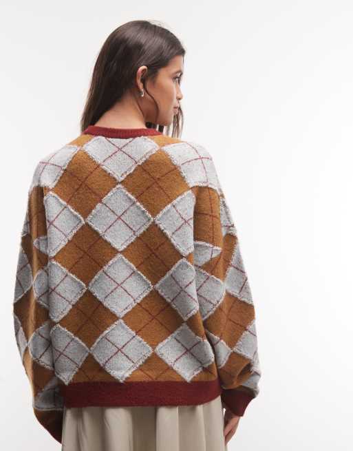 Reclaimed Vintage unisex fine gauge knitted argyle crew jumper in brown, 3 of 4