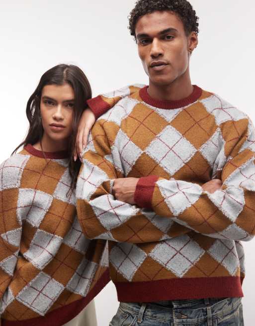 Reclaimed Vintage unisex fine gauge knitted argyle crew jumper in brown, 4 of 4