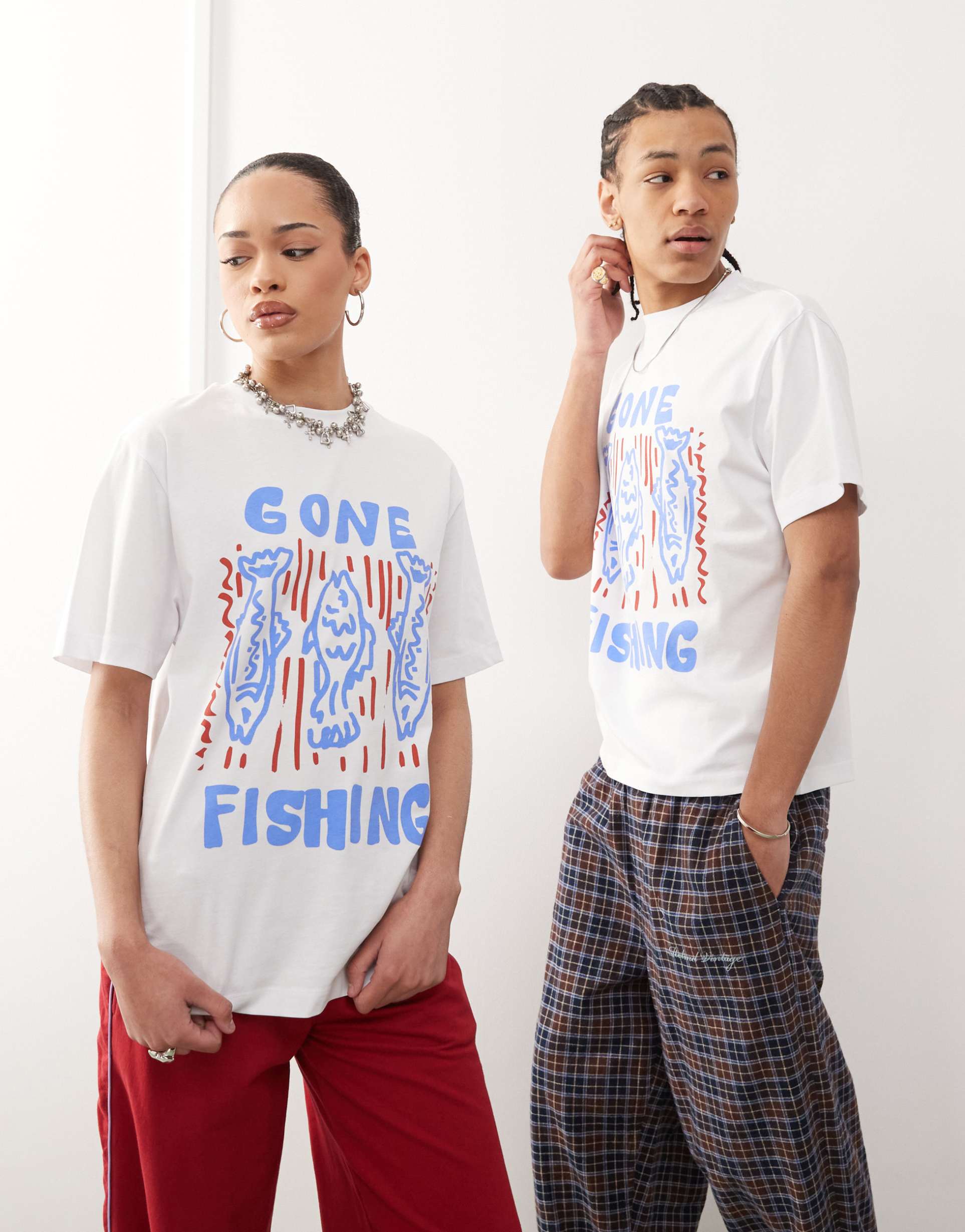 reclaimed vintage unisex fisherman graphic t-shirt in white