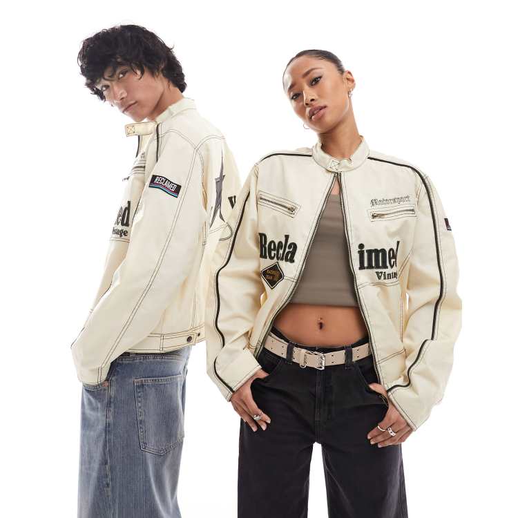 Reclaimed Vintage unisex fitted motor jacket in off white with logo badges and embroidery ASOS