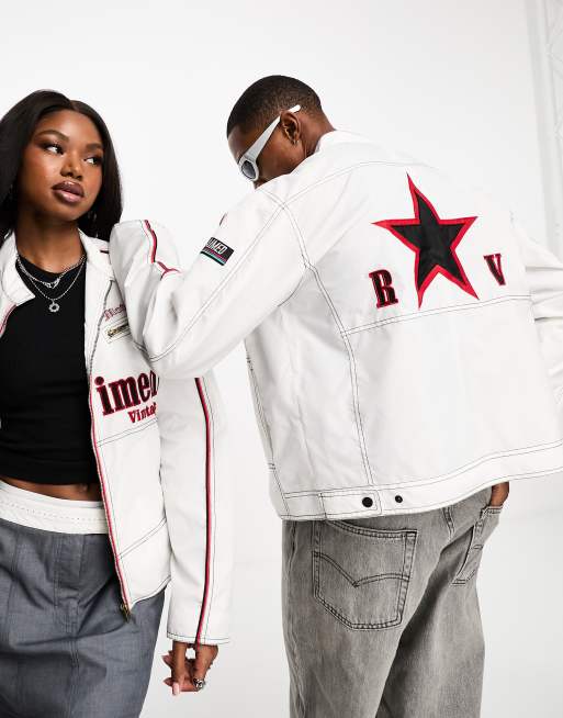 Reclaimed Vintage unisex fitted motor jacket in white with logo badges and embroidery, 3 of 4