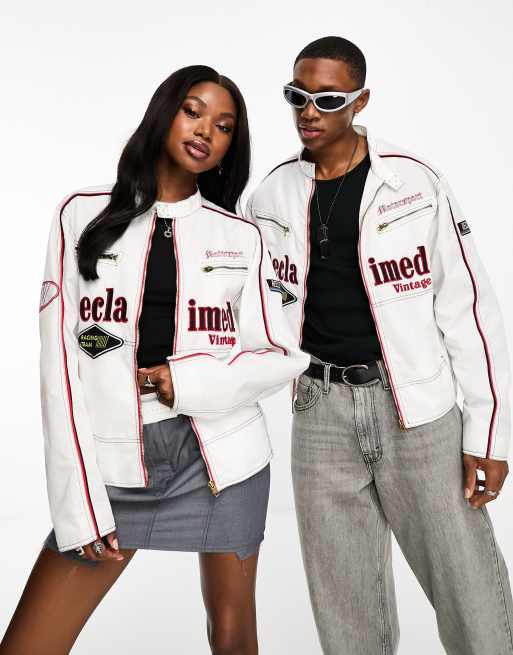 Reclaimed Vintage unisex fitted motor jacket in white with logo badges and embroidery, 4 of 4