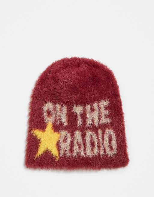 Reclaimed Vintage unisex fluffy beanie with star in red