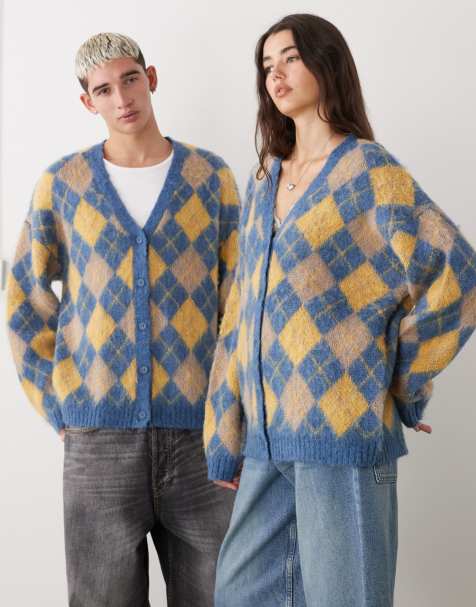 Reclaimed Vintage unisex fluffy v-neck cardigan in blue argyle print - view 1
