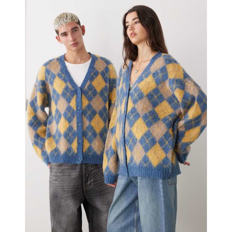 Pull Cardigan Vintage Femme Motif Diamant - Bleu Moyen, Taille UK 14 (M), Manches Longues