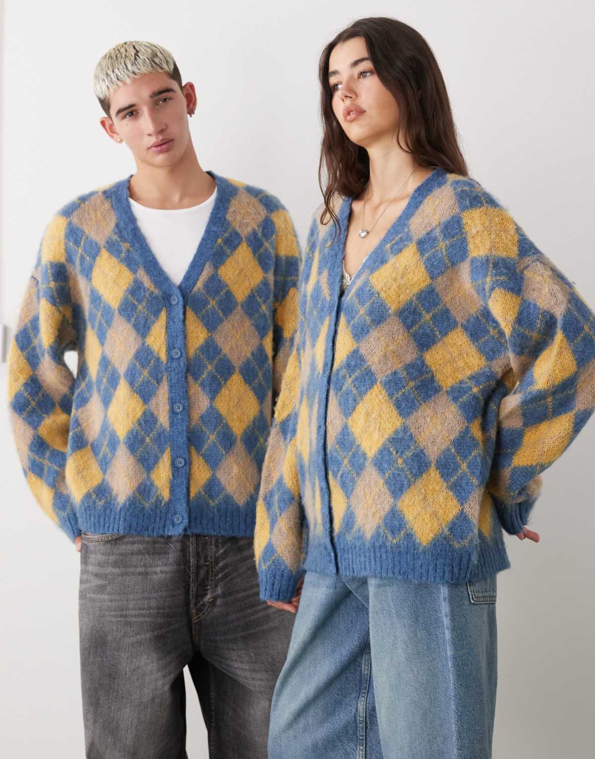 Reclaimed Vintage unisex fluffy v-neck cardigan in blue argyle print