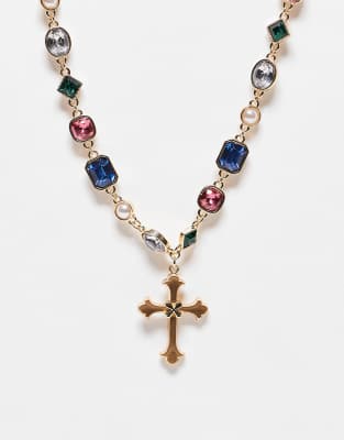 Reclaimed Vintage Unisex Gem Stone Choker Necklace With Cross Pendant-multi In Gold