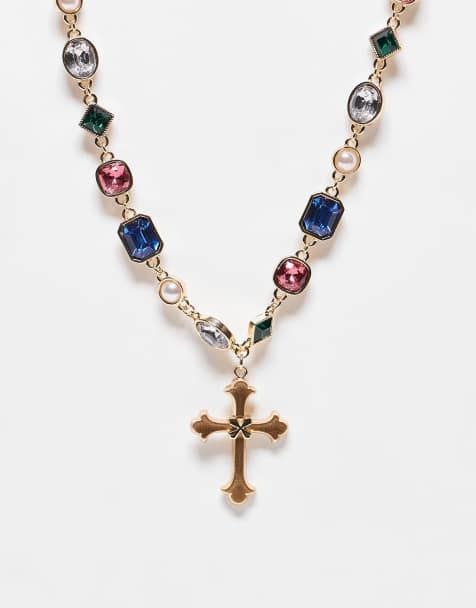 Reclaimed Vintage unisex gem stone choker necklace with cross pendant - view 1