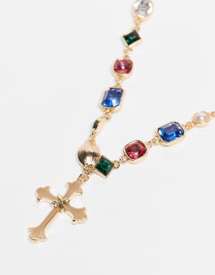 Reclaimed Vintage Unisex Gem Stone Choker Necklace With Cross Pendant-multi In Gold