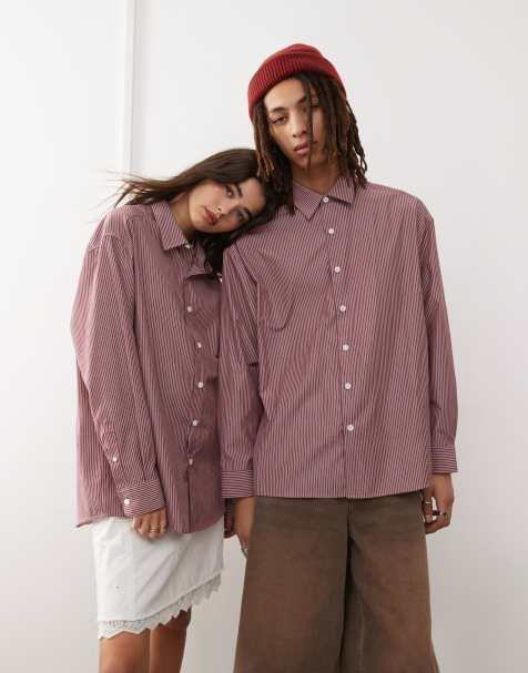 Reclaimed Vintage - Unisex gestreept oversized overhemd in bordeauxrood - view 1