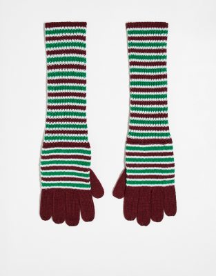 unisex gloves in burgundy and green stripe-Multi