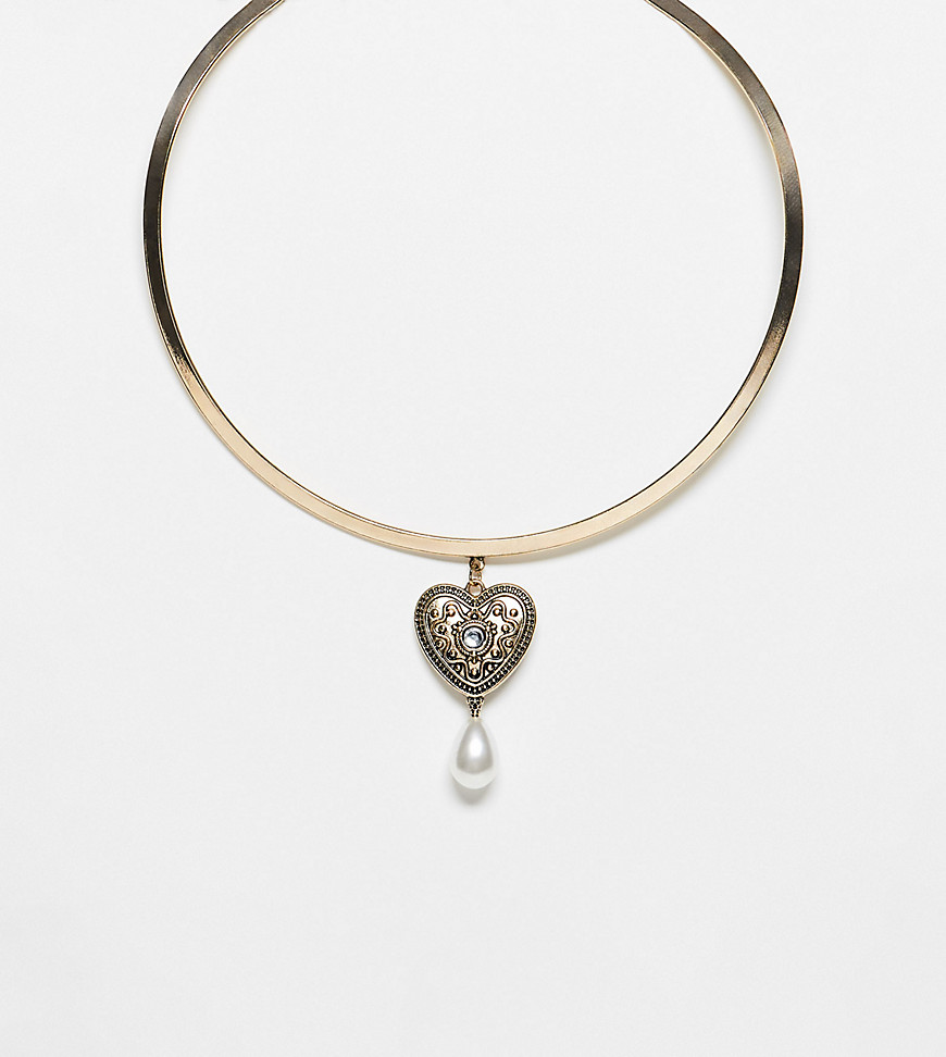 unisex gold cuff necklace with heart pearl drop pendant