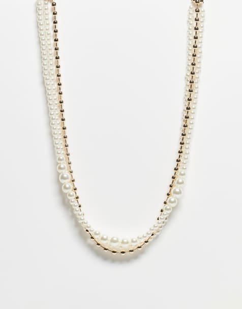 Reclaimed vintage Unisex gold tone and faux pearl mixed choker style necklace - view 1