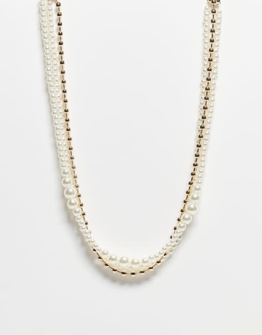 Reclaimed vintage Unisex gold tone and faux pearl mixed choker style necklace