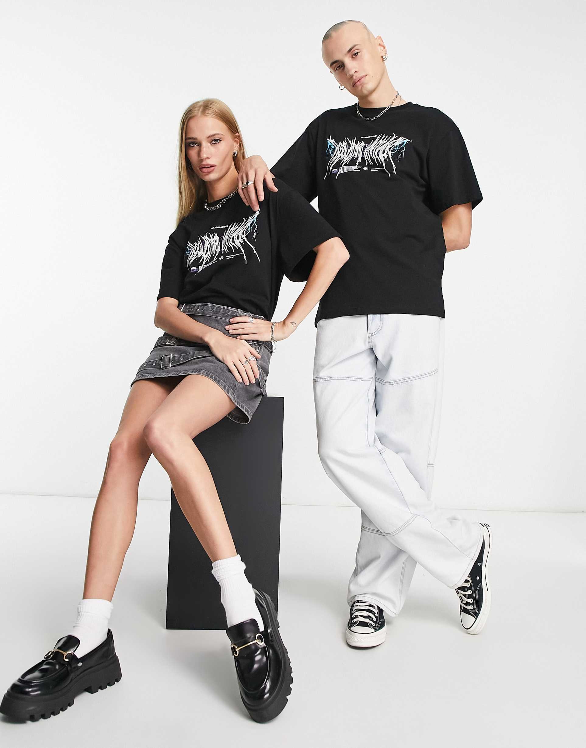 Reclaimed Vintage unisex gothic logo band t-shirt in black view 3