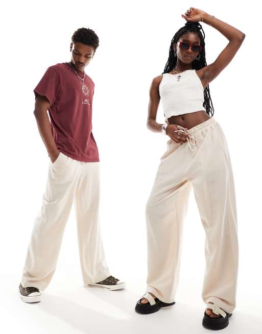 Reclaimed Vintage – Unisex – Gräddvita linnebyxor med resårmidja