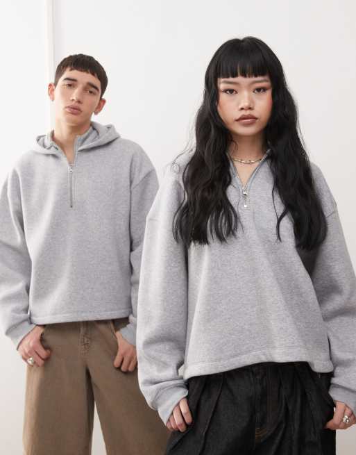 Reclaimed Vintage - Unisex - Gråmeleret hættetrøje med lynlås og firkantet hals