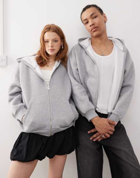 Reclaimed Vintage - Unisex - Gråmeleret og cropped hættetrøje med firkantet pasform og lynlås - view 1