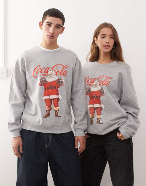 Reclaimed Vintage - Unisex - Gråmeleret sweatshirt med licenseret Coca Cola-juleprint