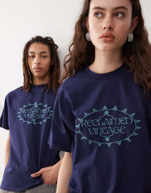 Reclaimed Vintage Unisex – Granatowy T-shirt oversize z haftowanym wzorem