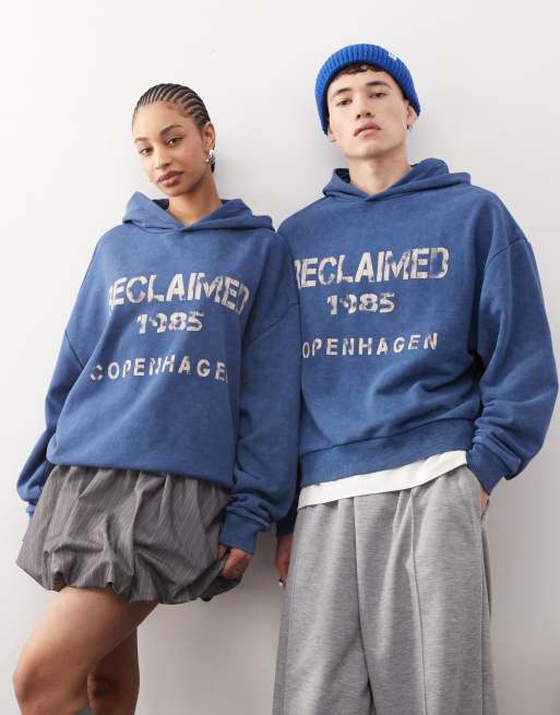 Reclaimed Vintage unisex graphic print hoodie in washed navy