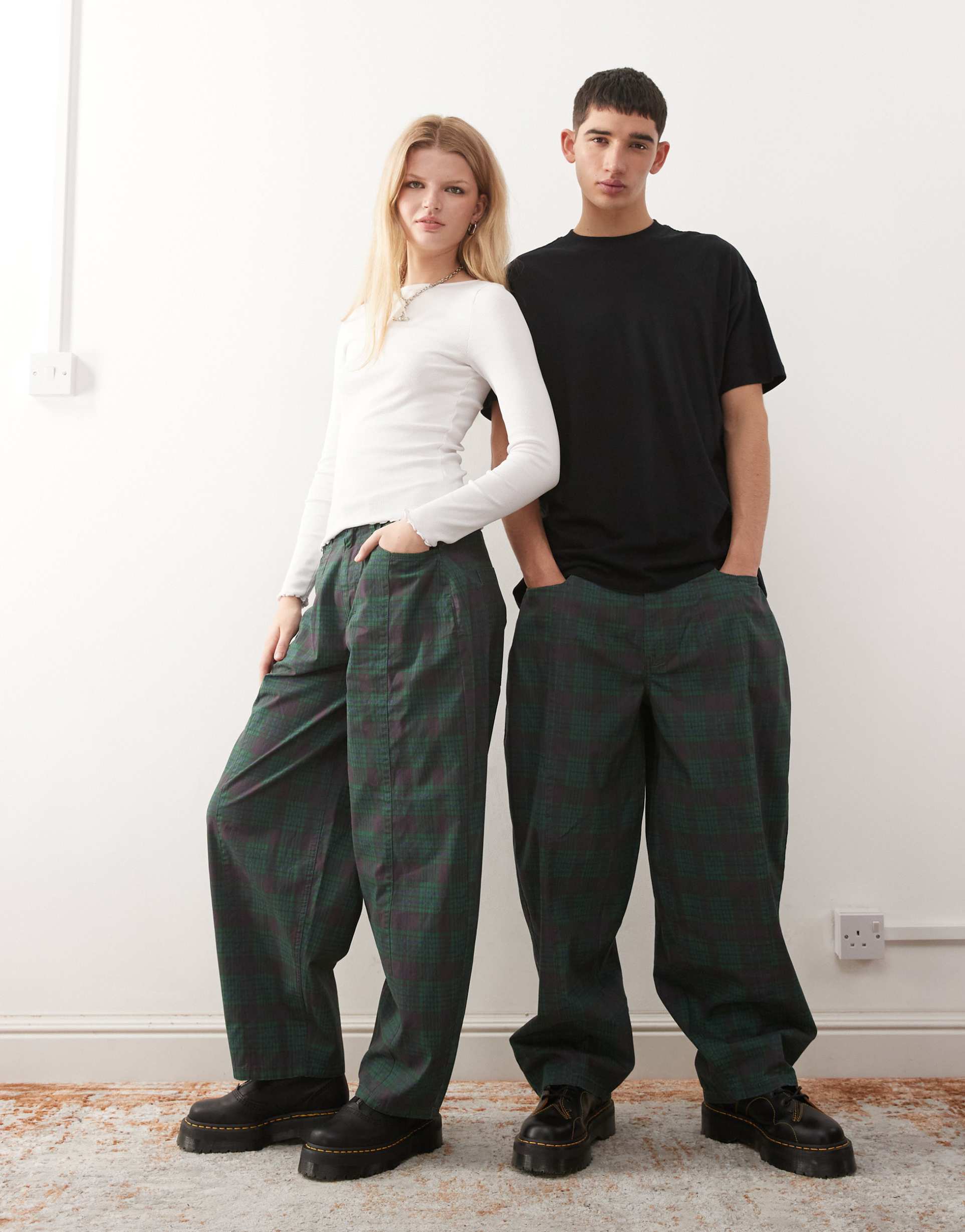 reclaimed vintage unisex green and navy check print barrel leg pants