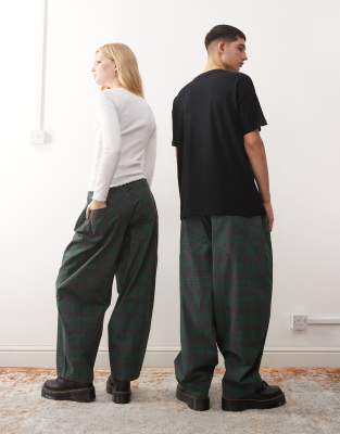 Reclaimed Vintage Unisex Green And Navy Check Print Barrel Leg Pants In Green