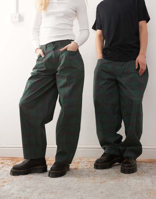 Reclaimed Vintage unisex green and navy check print barrel leg pants, 4 of 5