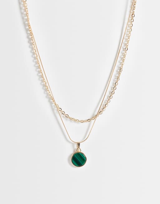 Reclaimed Vintage unisex green pendent 2 row necklace in gold