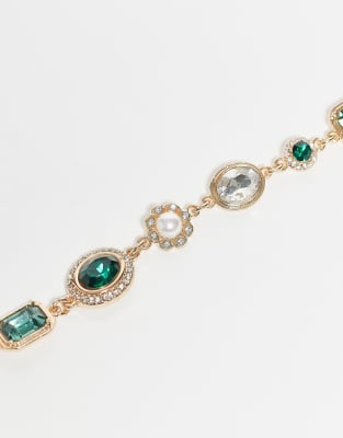 Reclaimed Vintage Unisex Green Rhinestone Chain Bracelet In Gold