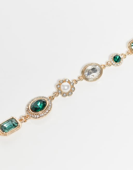 Reclaimed Vintage Unisex green rhinestone chain bracelet in gold tone, 2 of 3