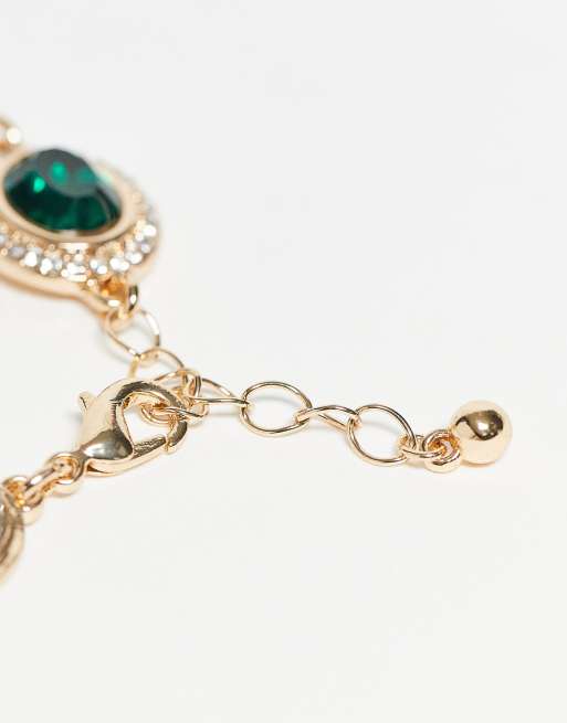 Reclaimed Vintage Unisex green rhinestone chain bracelet in gold tone, 3 of 3