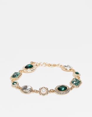 Reclaimed Vintage Reclaimed Vintage unisex green rhinestone chain bracelet in gold