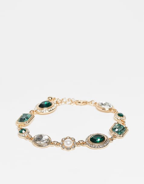 Reclaimed Vintage unisex green rhinestone chain bracelet in gold - view 1