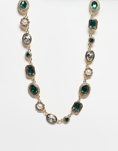 Reclaimed Vintage unisex green rhinestone choker chain necklace in gold - view 1
