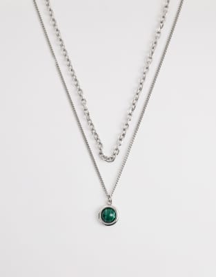 Reclaimed Vintage Unisex Green Stone 2 Row Necklace In Metallic