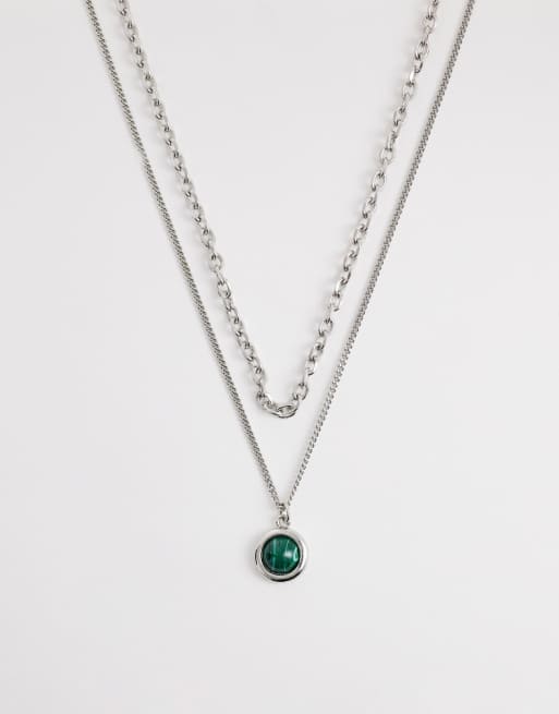 Reclaimed Vintage unisex green stone 2 row necklace in silver