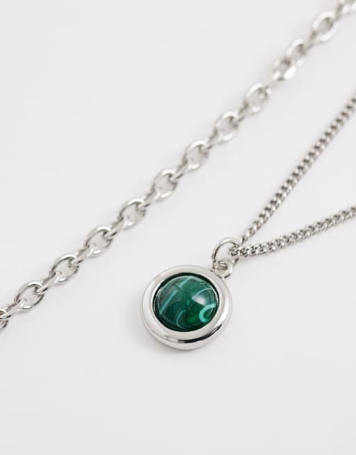 Reclaimed Vintage unisex green stone 2 row necklace in silver, 2 of 4