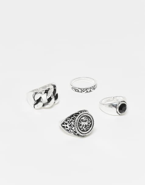 Reclaimed Vintage Unisex grunge 4 pack rings with signet ring in brushed silver tone - view 1