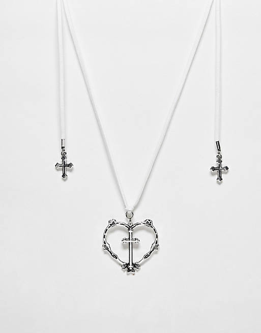 Reclaimed Vintage unisex grunge cord necklace with heart charms in ecru