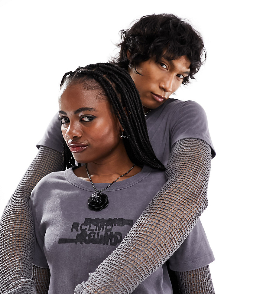 Reclaimed Vintage unisex grunge double layer t-shirt with fishnet sleeves-Grey