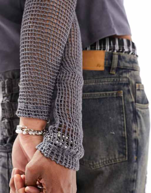 Reclaimed Vintage unisex grunge double layer t-shirt with fishnet sleeves, 2 of 4