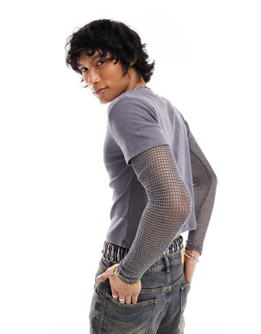 Reclaimed Vintage unisex grunge double layer t-shirt with fishnet sleeves, 4 of 4