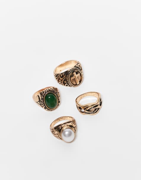 Reclaimed Vintage unisex grunge ring pack with faux stones in burnished gold tone - view 1