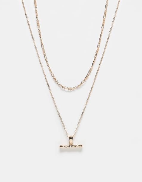 Reclaimed Vintage – Unisex – Guldfärgat kedjehalsband med 2 rader och T-stav - view 1