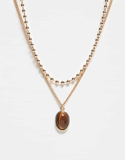 Reclaimed Vintage - Unisex - Guldfarvet halskæde med 2 kæder med kugledesign og vedhæng - view 1