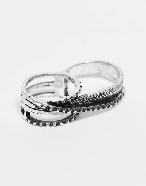 Reclaimed Vintage - Unisex - Halloween - Sølvfarvet dobbeltring med fjerdetaljer og poleret finish - view 1