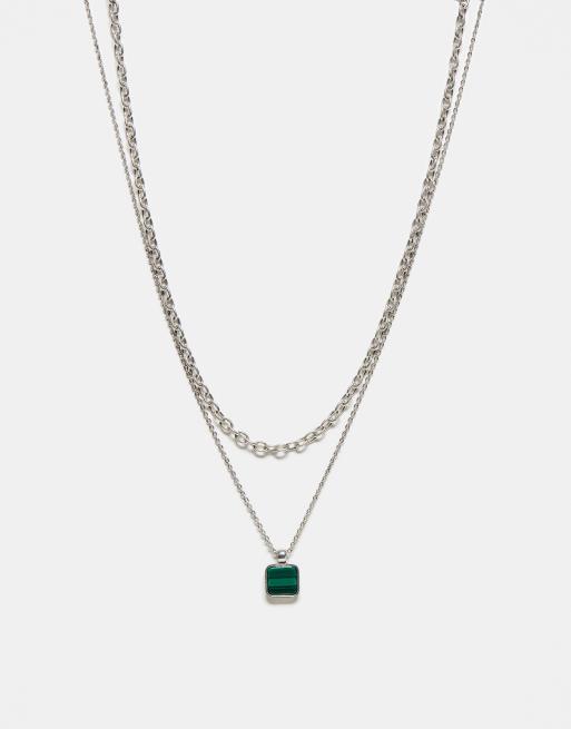 Reclaimed Vintage – Unisex – Halsband i 2 rader med hänge med grön sten